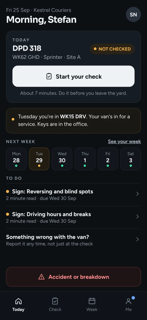 On The Road: the driver's Today screen with the check button