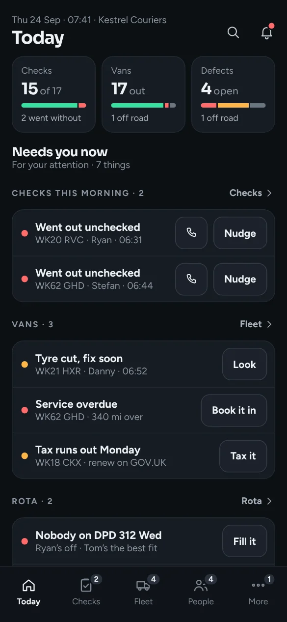 The Yard on a phone: what needs you this morning, with nudge and book-it-in buttons